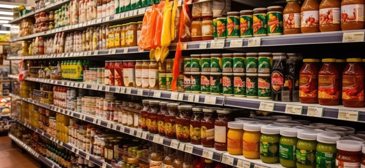 Lanes of shelves with goods products inside a supermarket. Variety of preserves and pasta. Shelves full and tidy.